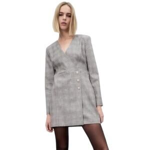 Zara Blazer Dress‎ Womens Small Gray Jewel Button Plaid Mini Preppy Academia